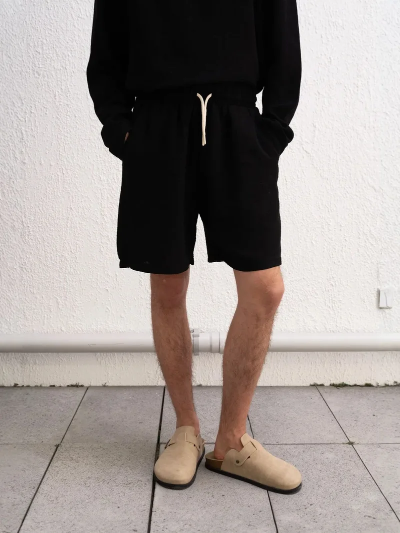 Giesto Black GIESTO Men's Relaxed Fit Textured Cotton Drawstring Shorts for Men | Best Price UAE